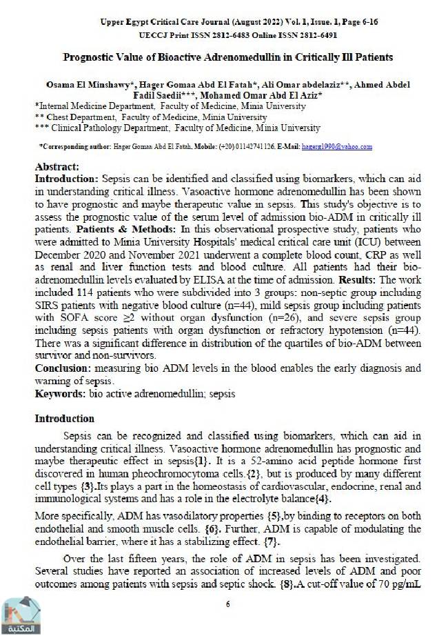 قراءة و تحميل كتاب Prognostic Value of Bioactive Adrenomedullin in Critically Ill Patients PDF